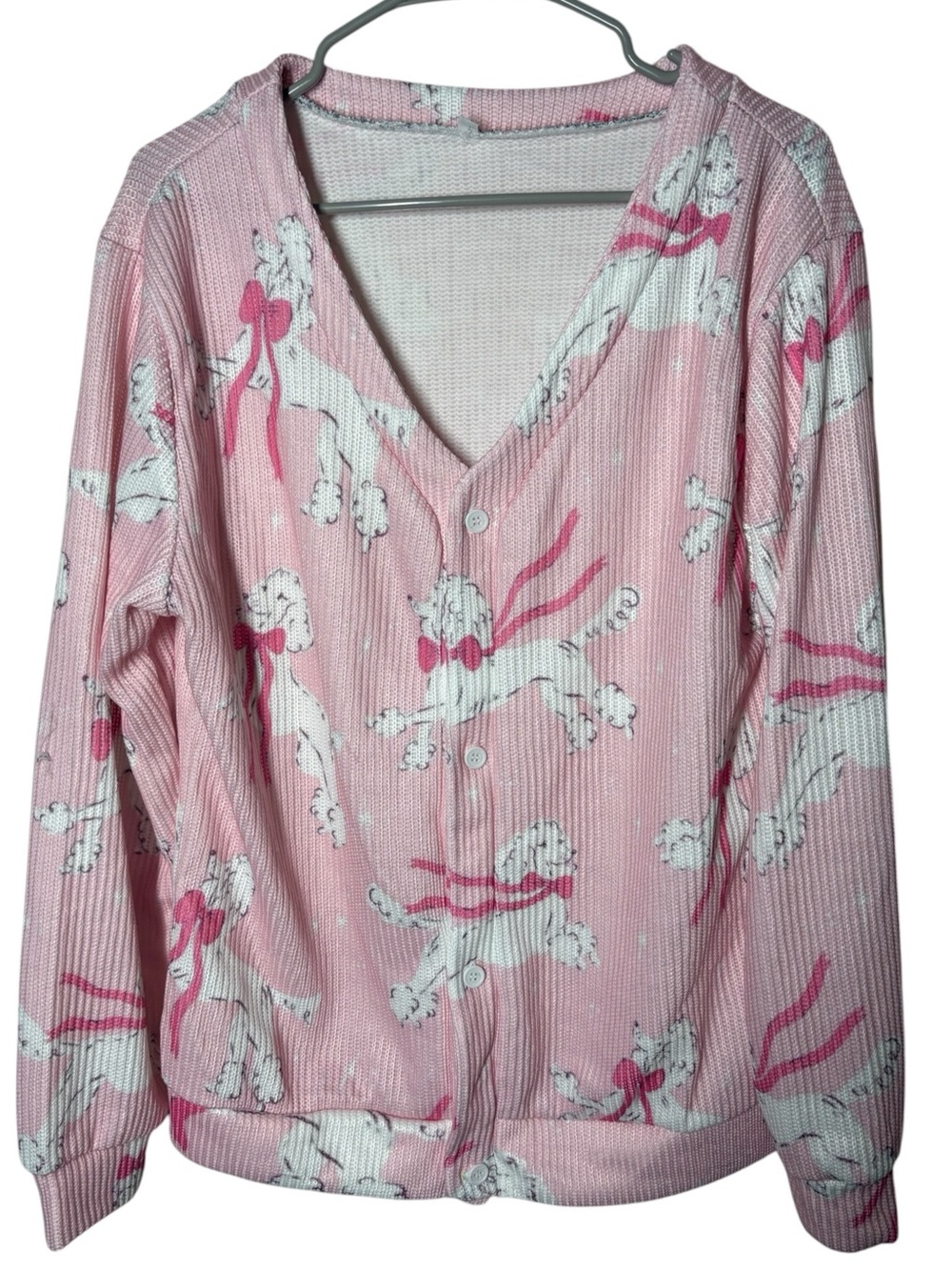 {NEW} Oversized Poodle Print Cardigan Sweater M Pink/White